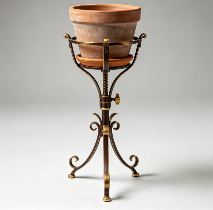 Vintage Iron Adjustable Planter Stand with Spiral Height Adjustment
